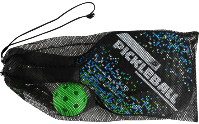 Schwarze Pickleball-Tasche mit grünem Ball und mehreren Schlägern