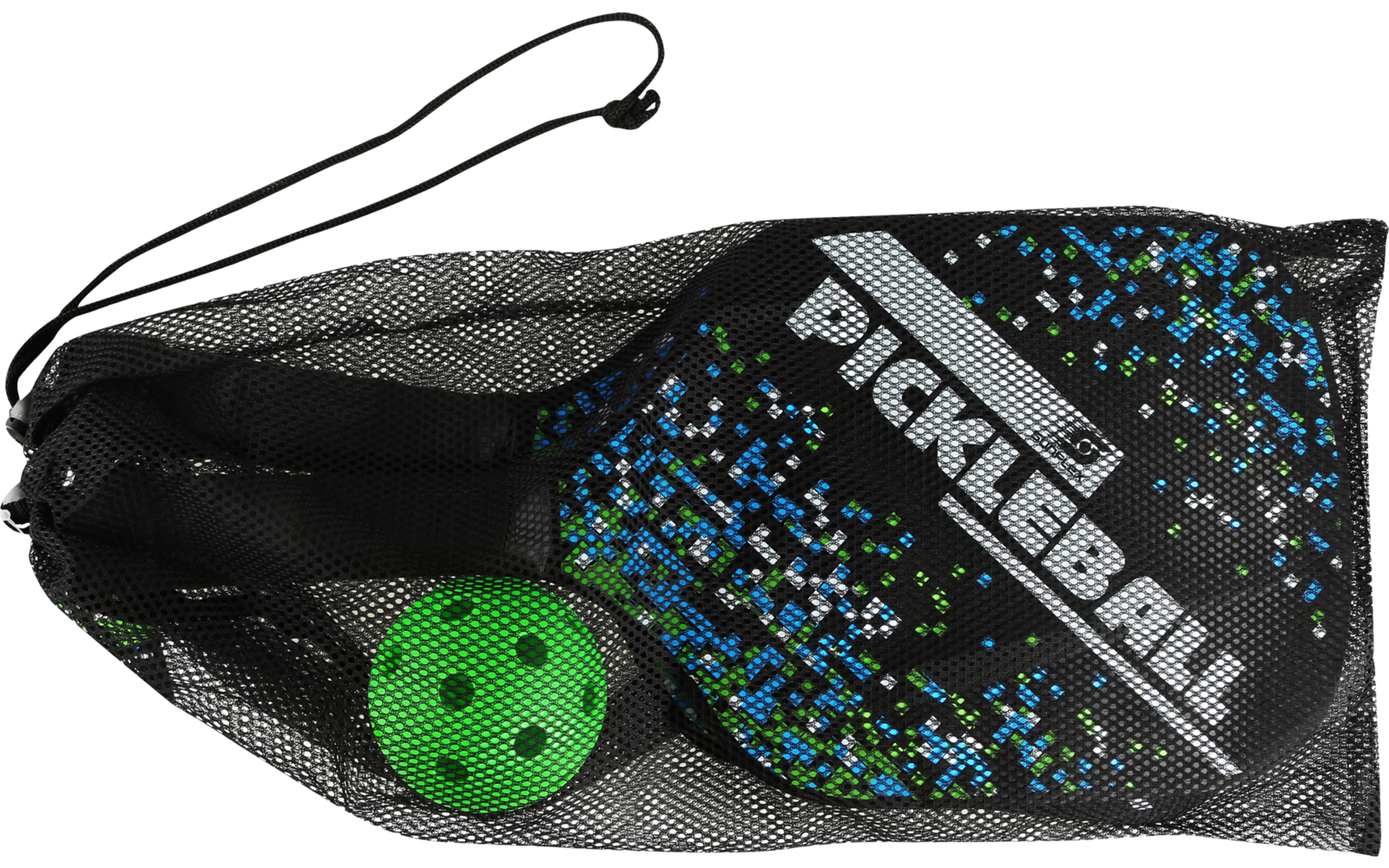 Schwarze Pickleball-Tasche mit grünem Ball und mehreren Schlägern