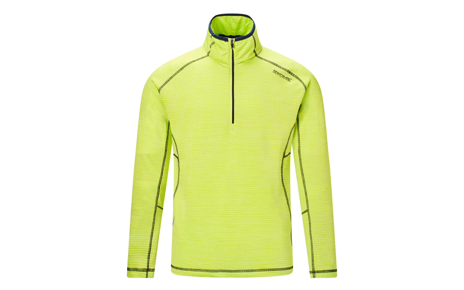 Pull jaune néon à manches longues avec fermeture éclair courte devant, col montant, coutures contrastantes et petit logo de marque sur la poitrine gauche