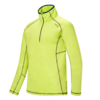 T-shirt à manches longues jaune fluo avec col montant, courte fermeture éclair frontale, coutures sombres visibles et petit logo sur la poitrine gauche