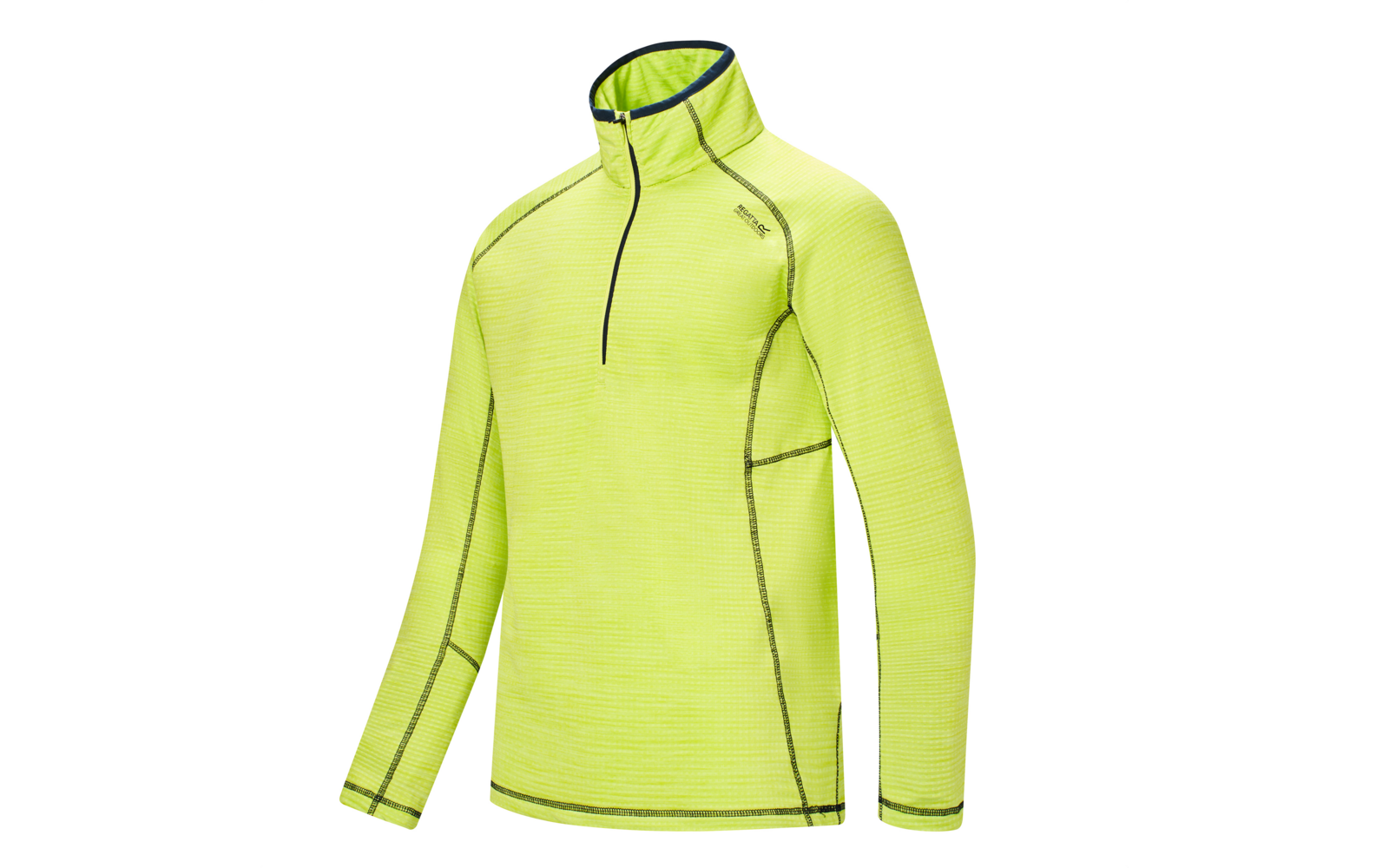T-shirt à manches longues jaune fluo avec col montant, courte fermeture éclair frontale, coutures sombres visibles et petit logo sur la poitrine gauche