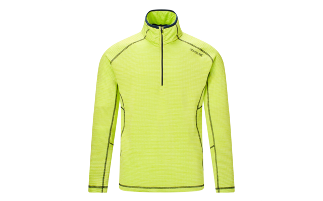 Pull jaune néon à manches longues avec fermeture éclair courte devant, col montant, coutures contrastantes et petit logo de marque sur la poitrine gauche