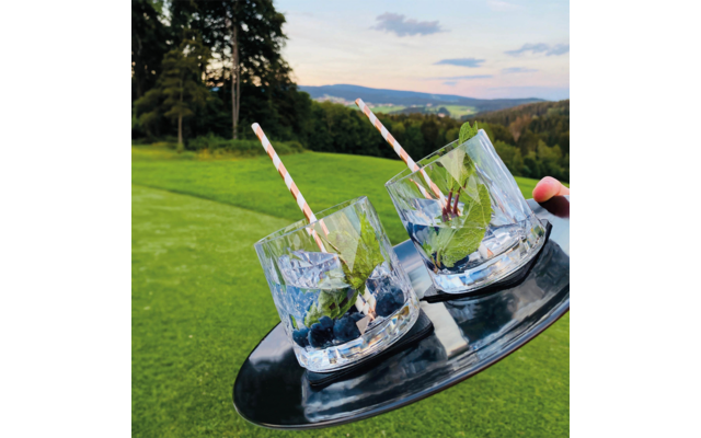 Two clear glasses with ice, mint leaves, blueberries and striped paper straws on a black tray held by a hand; green lawn, trees, hills and sky in the background