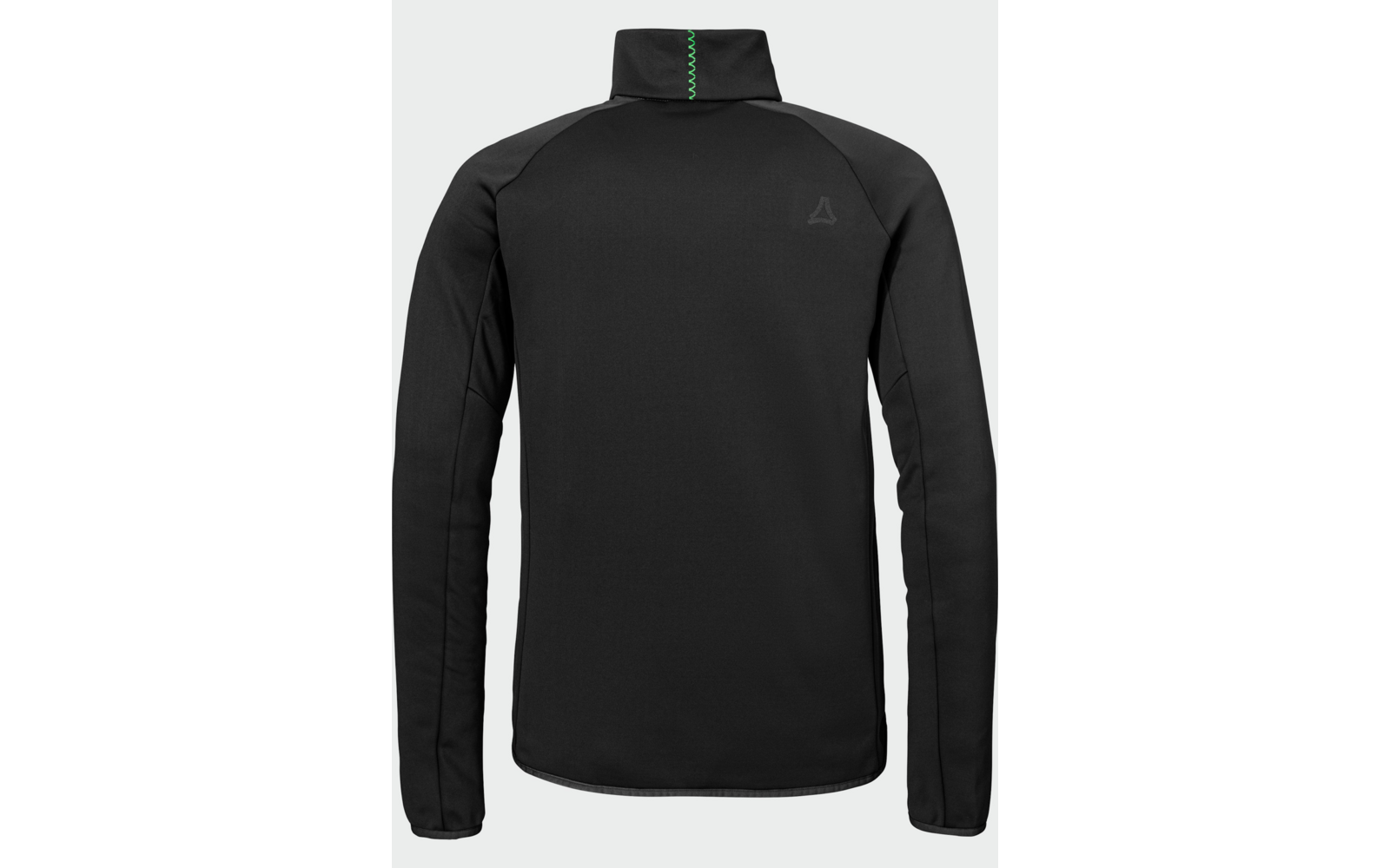 Rückenansicht einer schwarzen Jacke mit Stehkragen, langen Ärmeln, Nahtdetails an den Ärmeln und kleinem Logo auf der rechten oberen Rückenpartie