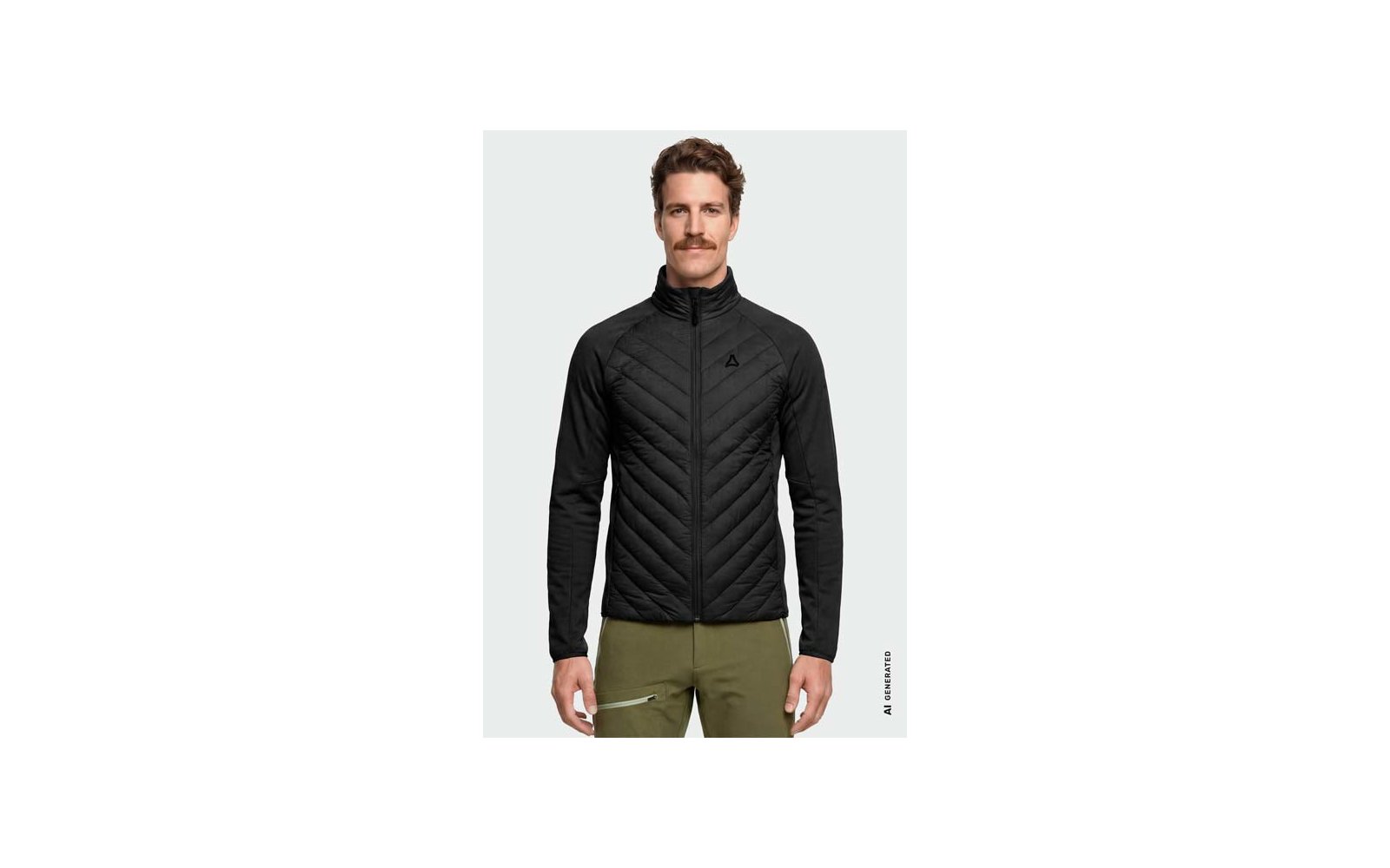 Homme avec moustache portant une veste matelassée noire zippée et un pantalon vert olive, debout devant un fond clair