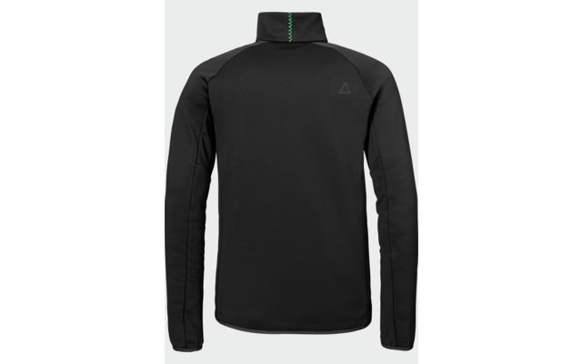 Rückenansicht einer schwarzen Jacke mit Stehkragen, langen Ärmeln, Nahtdetails an den Ärmeln und kleinem Logo auf der rechten oberen Rückenpartie