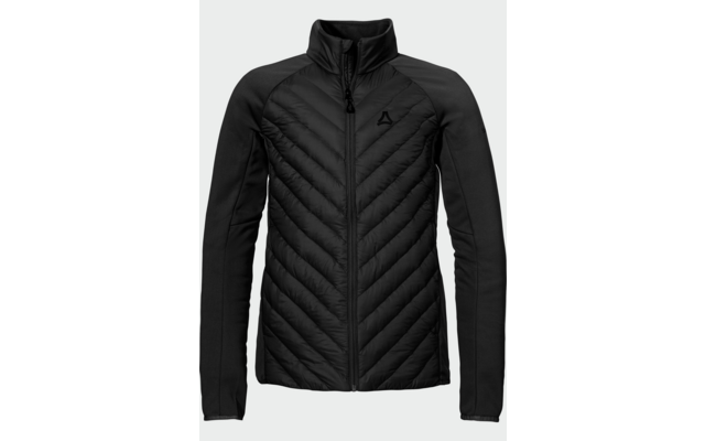Schwarze Jacke, Vorderansicht, durchgehender Reißverschluss, gesteppte V‑Muster auf der Vorderseite, glatte Ärmel, Stehkragen, kleines Logo links auf der Brust, hellgrauer Hintergrund