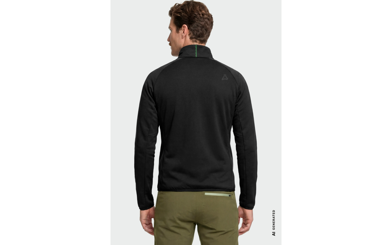 Personne de dos portant une veste noire à col montant et un pantalon vert olive, cheveux bruns courts, fond clair, petit logo triangulaire sur l'épaule droite, couture verte au dos du col, fermeture éclair claire sur la poche arrière droite