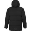 Schwarze gesteppte Jacke (Rückenansicht) mit Kapuze, horizontalen Steppnähten, langen Ärmeln und kleinem rechteckigem Etikett am unteren Rücken