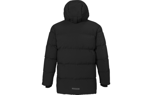 Schwarze gesteppte Jacke (Rückenansicht) mit Kapuze, horizontalen Steppnähten, langen Ärmeln und kleinem rechteckigem Etikett am unteren Rücken