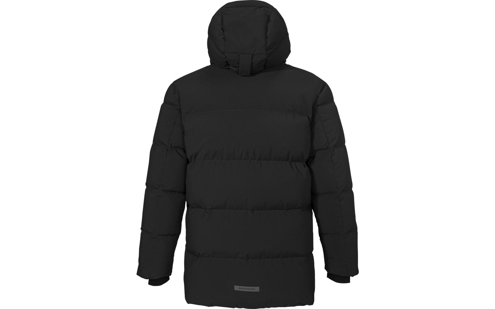 Schwarze gesteppte Jacke (Rückenansicht) mit Kapuze, horizontalen Steppnähten, langen Ärmeln und kleinem rechteckigem Etikett am unteren Rücken