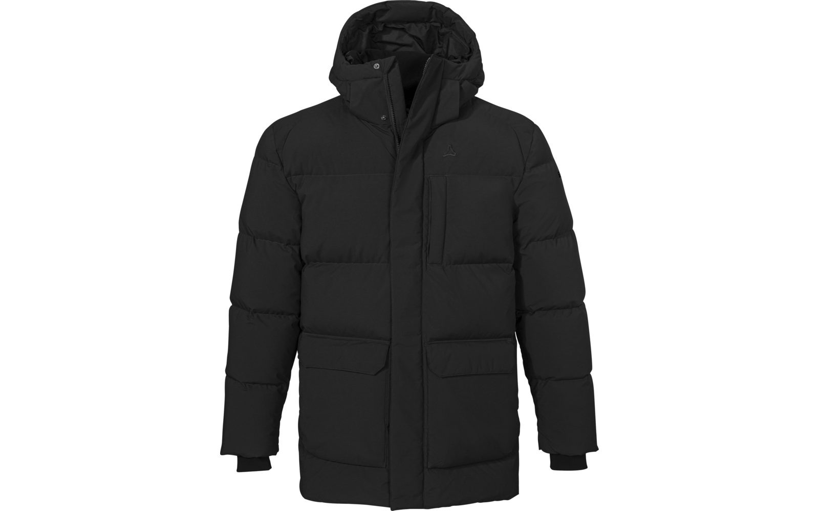 Schwarzer, langer Steppparka mit Kapuze, verdecktem Frontverschluss, senkrechter Brusttasche, zwei aufgesetzten Fronttaschen und gerippten Ärmelbündchen