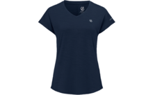 Dunkelblaues kurzärmeliges T-Shirt mit V-Ausschnitt, kleinem weißem Logo auf der linken Brust, Logo im Kragen und Schriftzug auf dem linken Ärmel