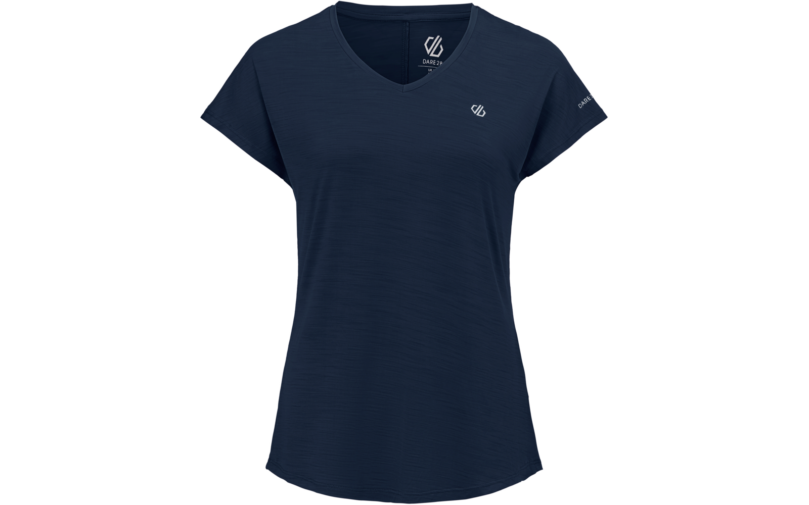 Dunkelblaues kurzärmeliges T-Shirt mit V-Ausschnitt, kleinem weißem Logo auf der linken Brust, Logo im Kragen und Schriftzug auf dem linken Ärmel