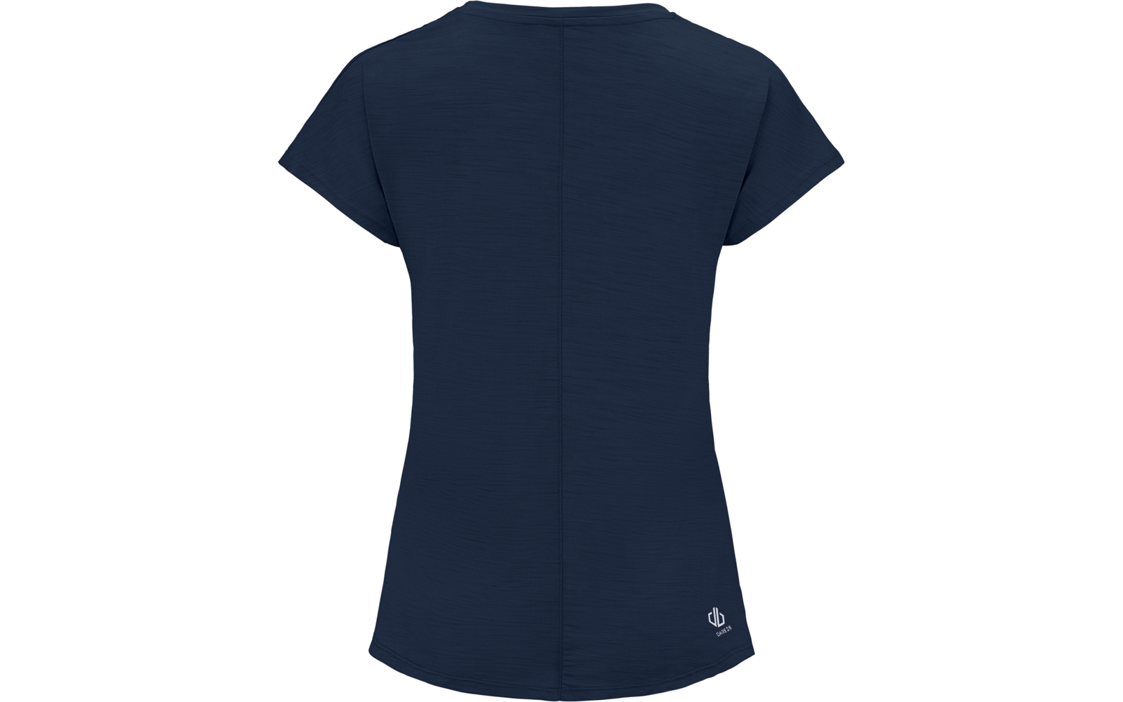 Dunkelblaues kurzärmeliges T-Shirt, Rückansicht, mittige Rückennaht und kleines weißes Logo am rechten Saum