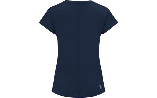 Dunkelblaues kurzärmeliges T-Shirt, Rückansicht, mittige Rückennaht und kleines weißes Logo am rechten Saum