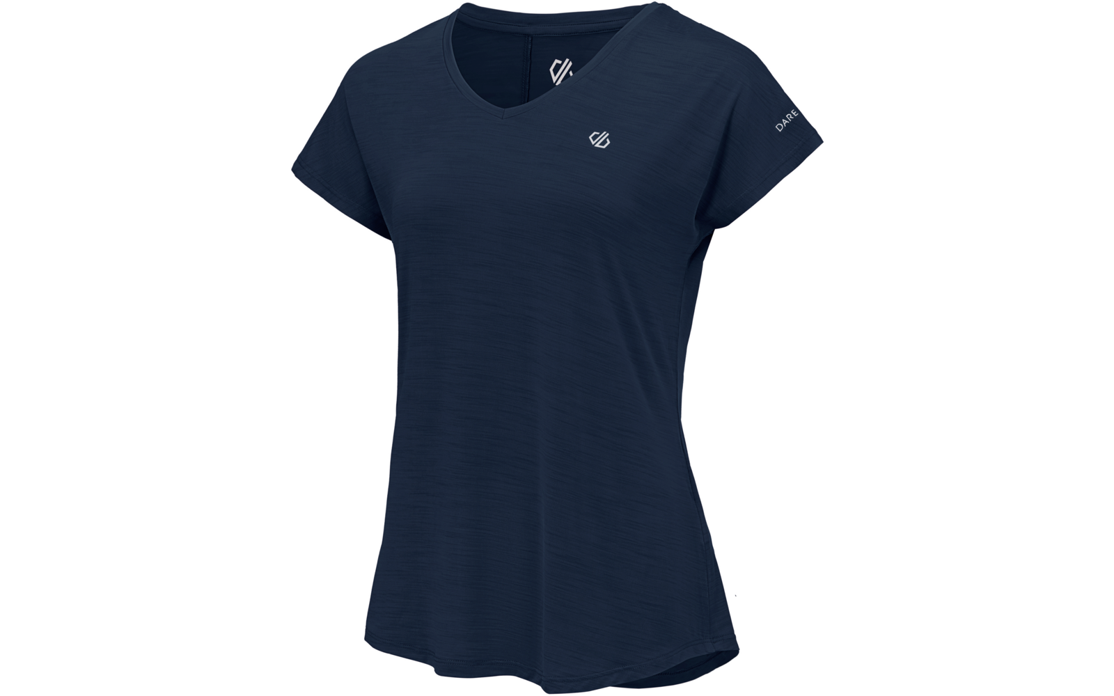 Dunkelblaues kurzärmeliges T‑Shirt mit V‑Ausschnitt und kleinen weißen Logos auf Brust und Ärmel