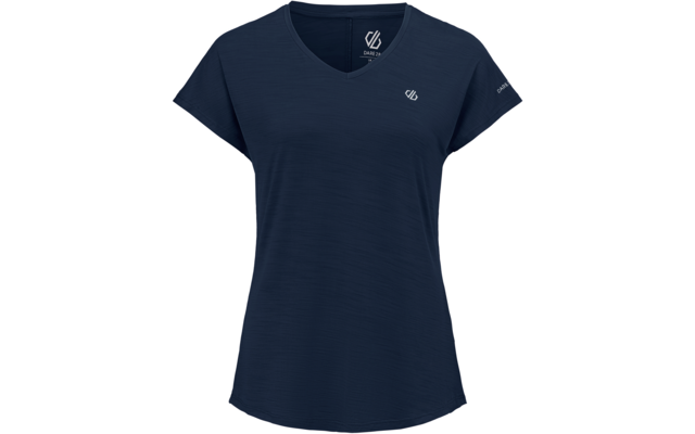 Dunkelblaues kurzärmeliges T-Shirt mit V-Ausschnitt, kleinem weißem Logo auf der linken Brust, Logo im Kragen und Schriftzug auf dem linken Ärmel