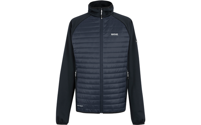 Dunkelblaue Jacke mit gestepptem Vorderteil, durchgehendem Reißverschluss, Stehkragen, glatten Ärmeln, zwei seitlichen Reißverschlusstaschen und weißem Logo auf der linken Brust