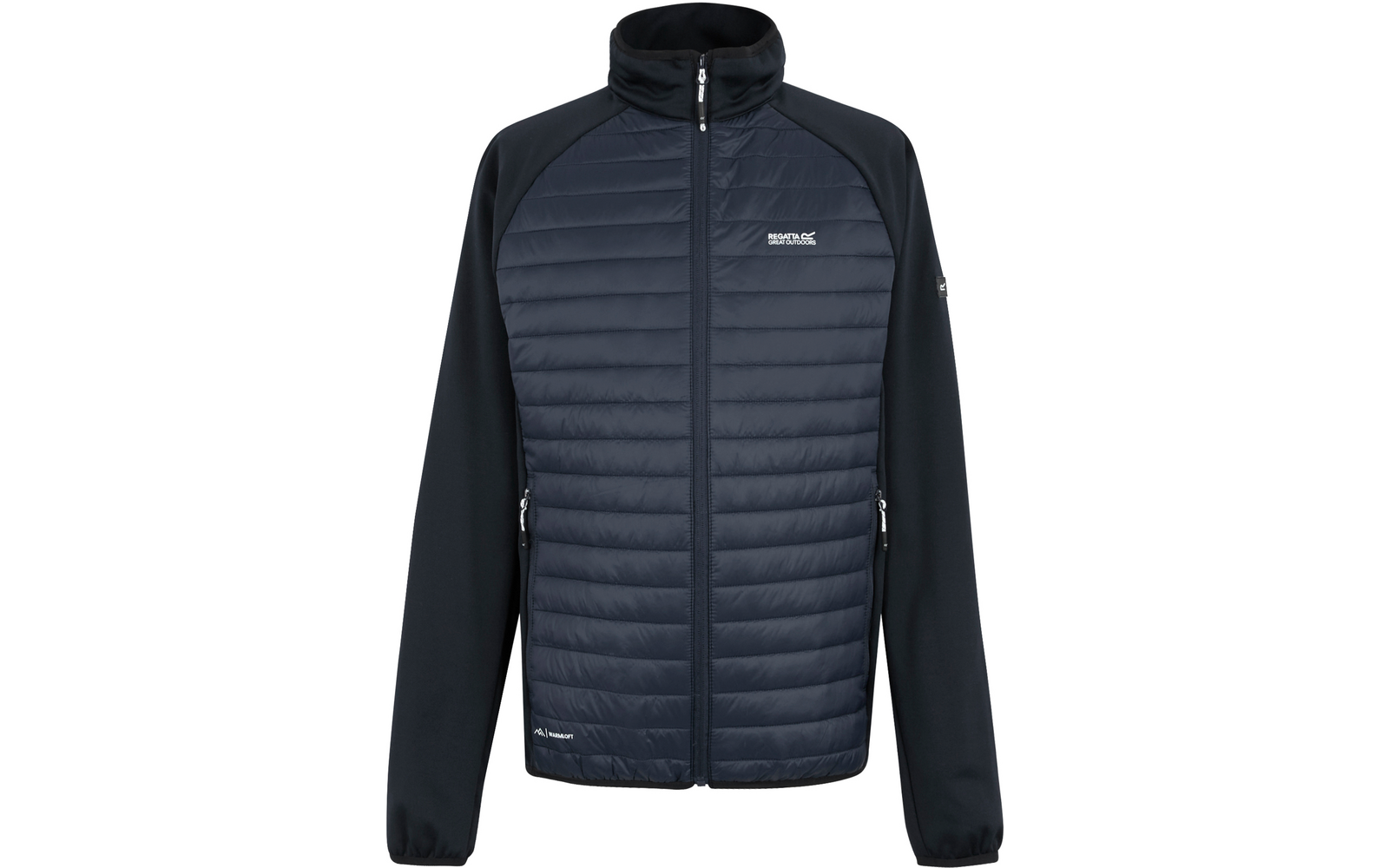 Dunkelblaue Jacke mit gestepptem Vorderteil, durchgehendem Reißverschluss, Stehkragen, glatten Ärmeln, zwei seitlichen Reißverschlusstaschen und weißem Logo auf der linken Brust