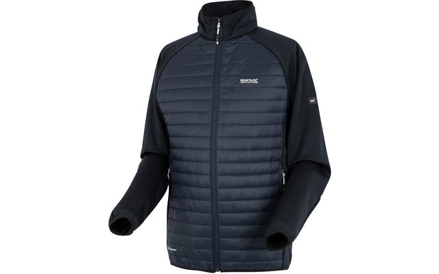 Dunkelblaue gesteppte Jacke mit durchgehendem Reißverschluss, Stehkragen, glatten schwarzen Ärmeln, seitlichen Reißverschlusstaschen und kleinem Logo auf Brust und Ärmel