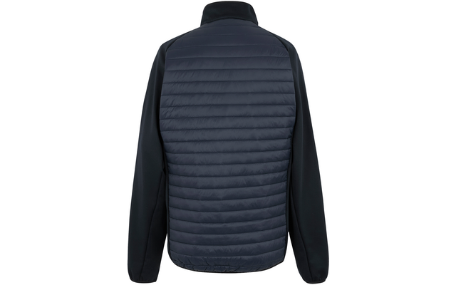 Rückenansicht einer dunkelblauen Jacke mit horizontal gestepptem Rückenpanel, Stehkragen und langen glatten Ärmeln