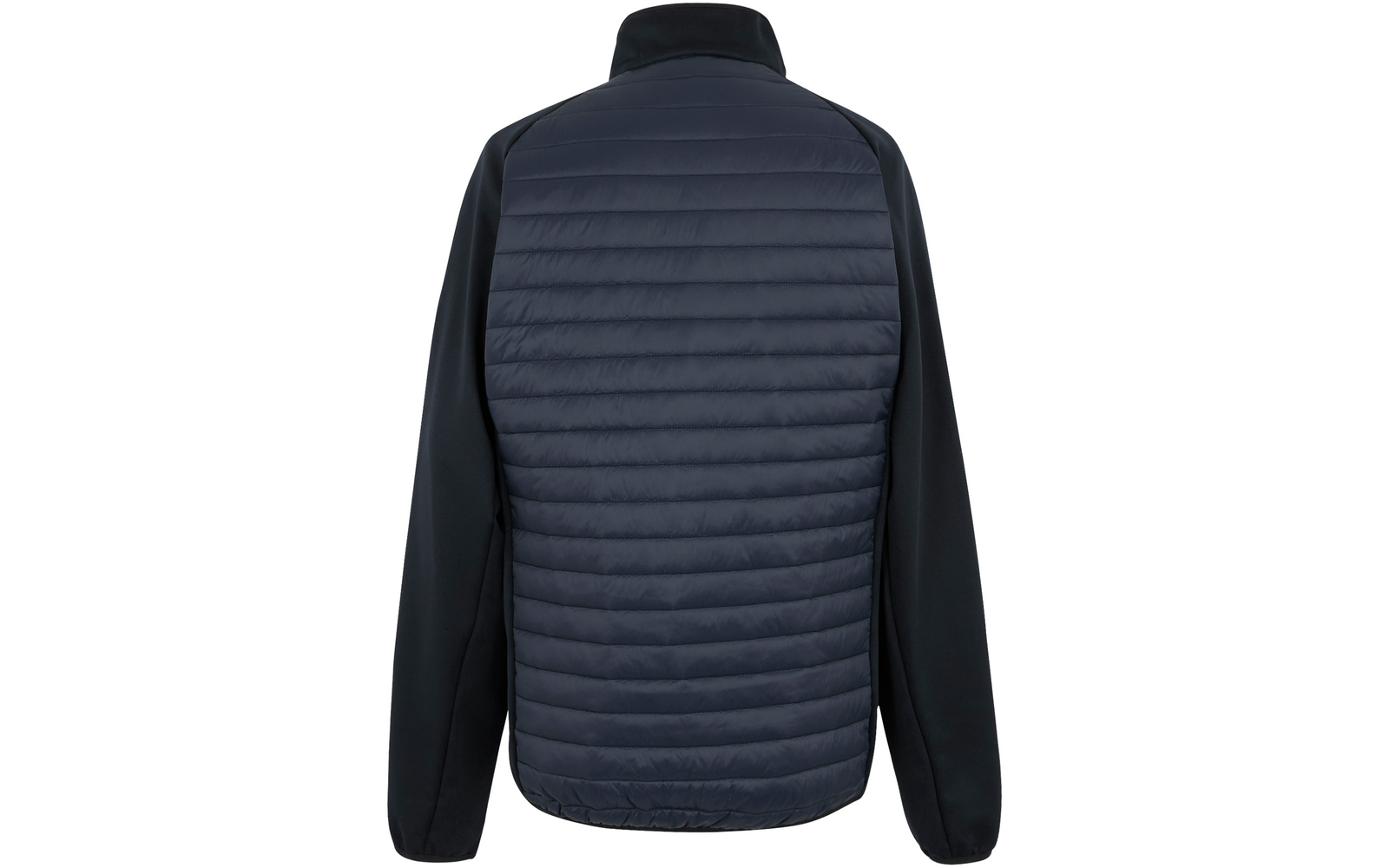 Rückenansicht einer dunkelblauen Jacke mit horizontal gestepptem Rückenpanel, Stehkragen und langen glatten Ärmeln