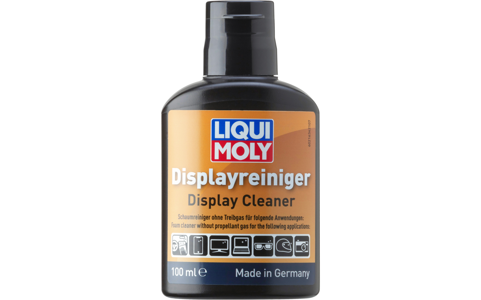 Schwarze Kunststoffflasche mit orange-blauem LIQUI MOLY-Etikett, Aufschrift 'Displayreiniger / Display Cleaner', Piktogramme, '100 ml', 'Made in Germany'