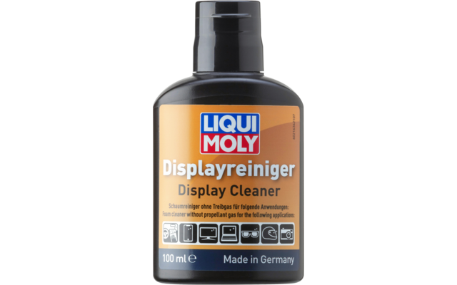 Schwarze Kunststoffflasche mit orange-blauem LIQUI MOLY-Etikett, Aufschrift 'Displayreiniger / Display Cleaner', Piktogramme, '100 ml', 'Made in Germany'