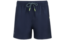 Dunkelblaue Shorts, elastischer Bund, grau-weiße Kordel mit neongrünen Enden, kleines Logo links, kleines neongrünes Detail rechts
