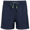 Dunkelblaue Shorts, elastischer Bund, grau-weiße Kordel mit neongrünen Enden, kleines Logo links, kleines neongrünes Detail rechts