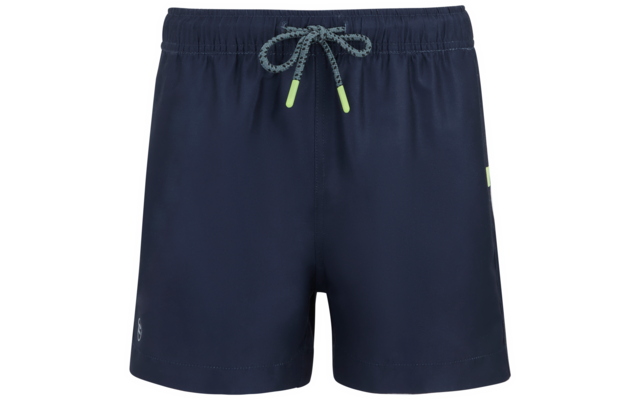 Dunkelblaue Shorts, elastischer Bund, grau-weiße Kordel mit neongrünen Enden, kleines Logo links, kleines neongrünes Detail rechts