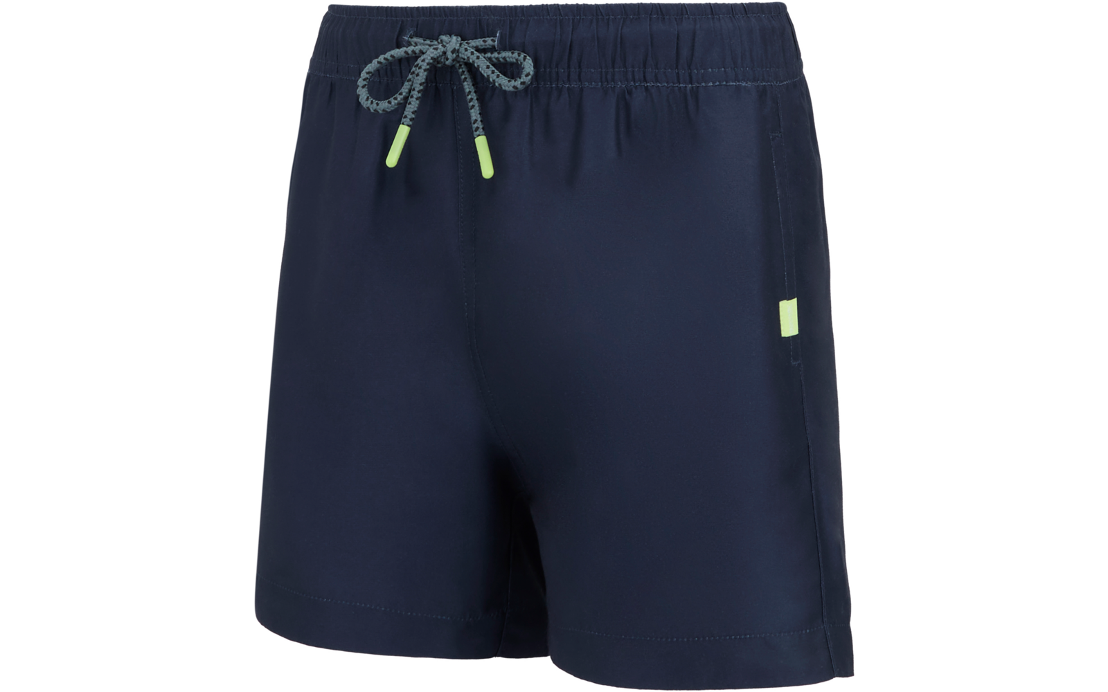 Dunkelblaue kurze Shorts mit elastischem Bund, Kordel mit hellgrünen Endstücken und kleinem hellgrünen Rechteck-Label an der rechten Seitennaht