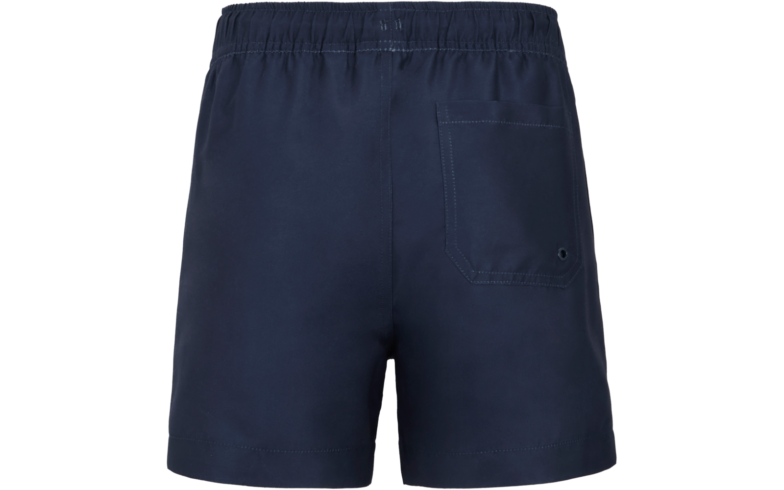 Dunkelblaue Badeshorts, Rückansicht, elastischer Bund, aufgesetzte Gesäßtasche mit kleiner Metallöse