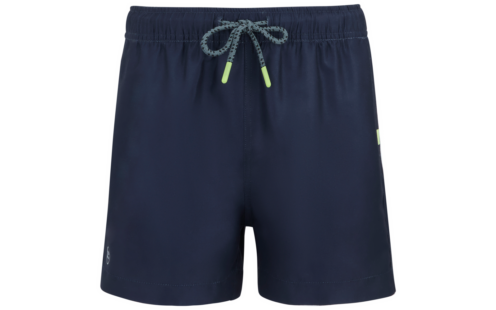 Dunkelblaue Shorts, elastischer Bund, grau-weiße Kordel mit neongrünen Enden, kleines Logo links, kleines neongrünes Detail rechts