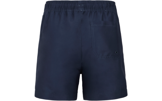 Dunkelblaue Badeshorts, Rückansicht, elastischer Bund, aufgesetzte Gesäßtasche mit kleiner Metallöse