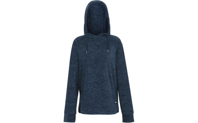 Dunkelblauer Kapuzenpullover mit Kordelenden, langen Ärmeln, seitlichen Schlitzen am Saum und kleinem Logo-Patch unten rechts