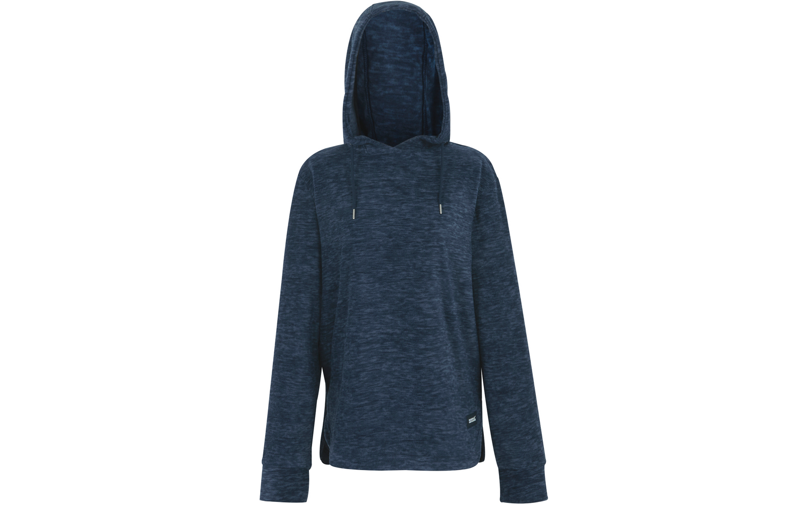 Dunkelblauer Kapuzenpullover mit Kordelenden, langen Ärmeln, seitlichen Schlitzen am Saum und kleinem Logo-Patch unten rechts