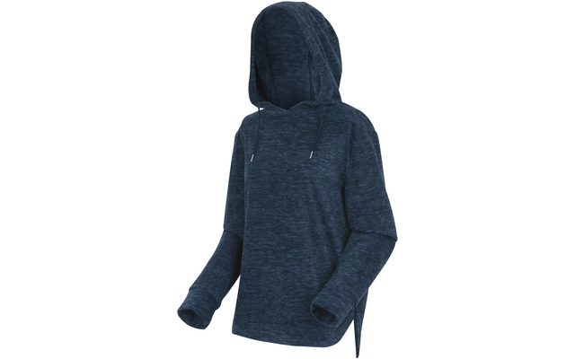 Dunkelblauer Kapuzenpullover mit langen Ärmeln, Kordelzügen mit Metallenden, melierter Struktur, seitlichen Saumschlitzen und verlängerter Rückseite