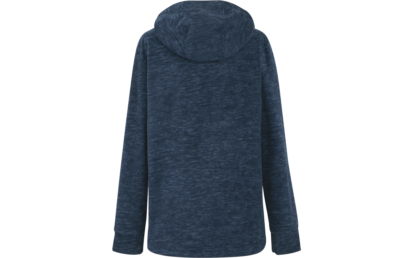 Dunkelblauer melierter Kapuzenpullover, Rückansicht auf weißem Hintergrund