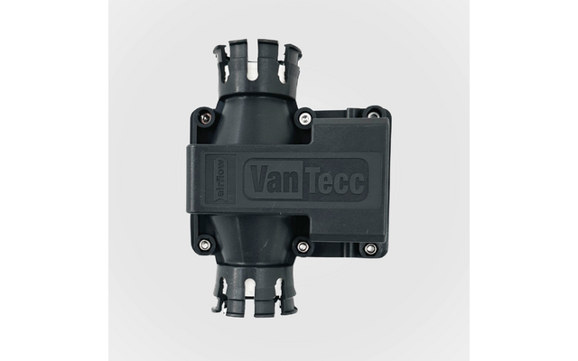 Coque en plastique noire avec texte en relief "Van Tecc", couvercle rectangulaire avec vis et deux embouts tubulaires fendus