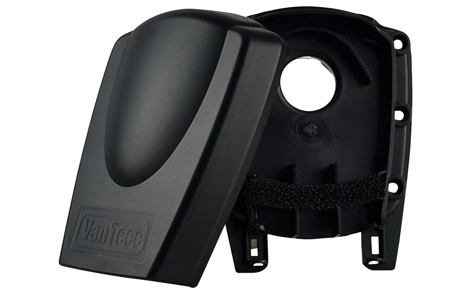 Deux pièces en plastique noir, l'une détachée et légèrement inclinée vers l'avant, ouverture circulaire sur la pièce arrière, sangle auto-agrippante à l'intérieur, zone rectangulaire en relief sur la pièce avant
