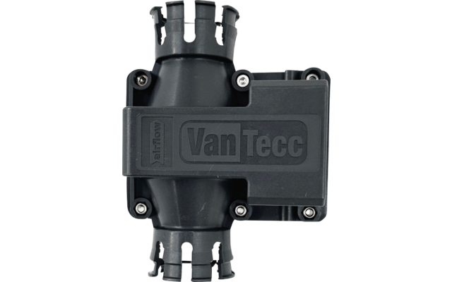 Coque en plastique noire avec texte en relief "Van Tecc", couvercle rectangulaire avec vis et deux embouts tubulaires fendus