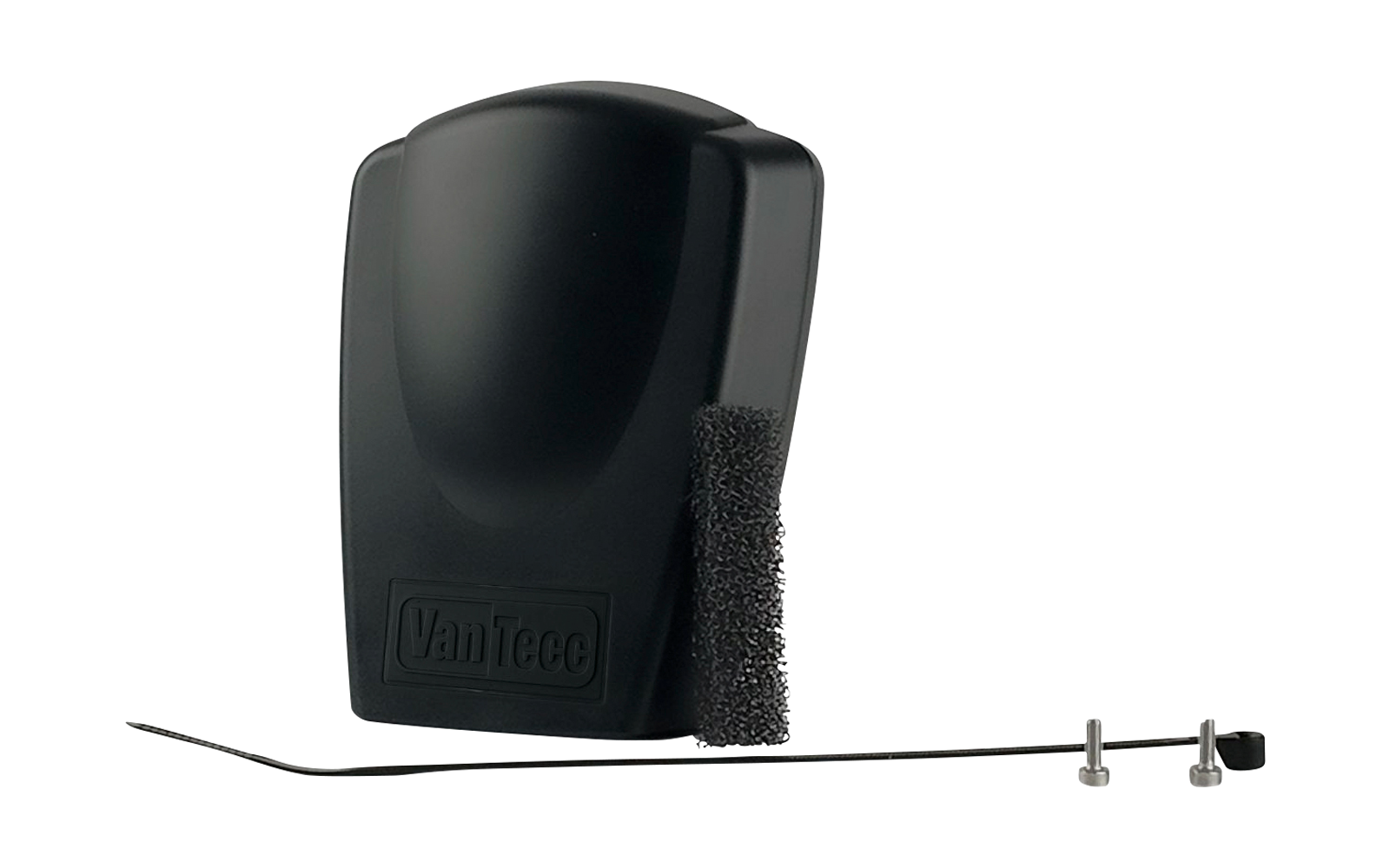 Boîtier en plastique noir arrondi avec le logo embossé "VanTeco", à côté un cylindre en mousse noir et un câble noir fin avec deux fixations métalliques sur fond gris clair