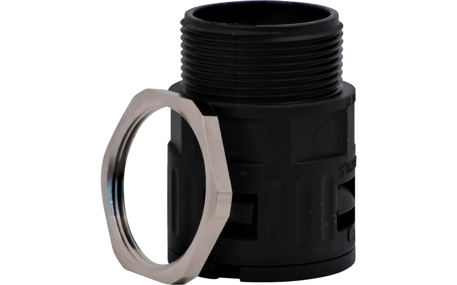 Raccord cylindrique en plastique noir avec filetage extérieur, à côté d'un écrou hexagonal argenté sur fond blanc