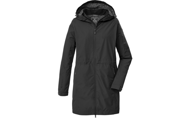 Cappotto lungo nero con cappuccio, cerniera frontale, due tasche laterali, maniche lunghe e cucitura in vita; vista frontale su sfondo bianco