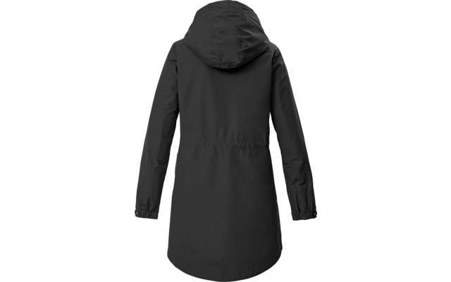 Cappotto lungo nero visto da dietro con cappuccio, cucitura in vita, maniche lunghe con polsini elasticizzati