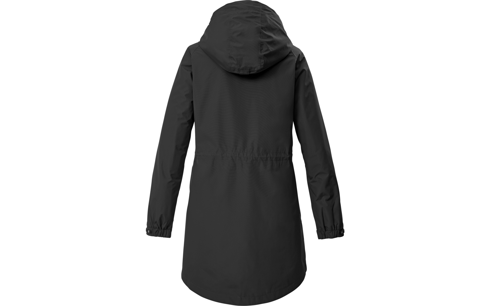 Cappotto lungo nero visto da dietro con cappuccio, cucitura in vita, maniche lunghe con polsini elasticizzati