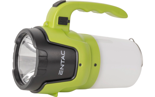 Appareil lumineux portable vert et noir avec poignée, lentille ronde à l'avant, corps cylindrique blanc et texte 'ENTAC'