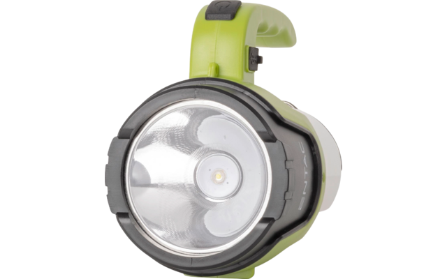 Lampe de poche vert-jaune avec grand réflecteur circulaire, LED centrale, bague frontale noire et poignée supérieure, sur fond blanc